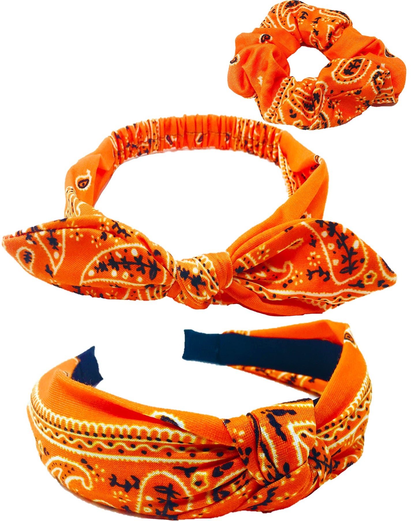 Shimmer Anna Shine Fall & Halloween Orange Knotted Bandana & Bunny Ear Headbands & Scrunchie 3 Pack Set – Soft Cotton-Spandex, One‑Size Women & Girls