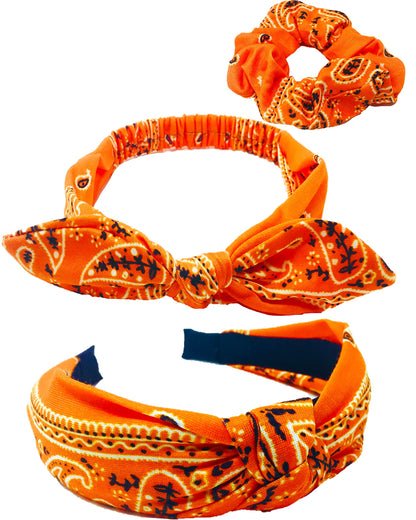 Shimmer Anna Shine Fall & Halloween Orange Knotted Bandana & Bunny Ear Headbands & Scrunchie 3 Pack Set – Soft Cotton-Spandex, One‑Size Women & Girls
