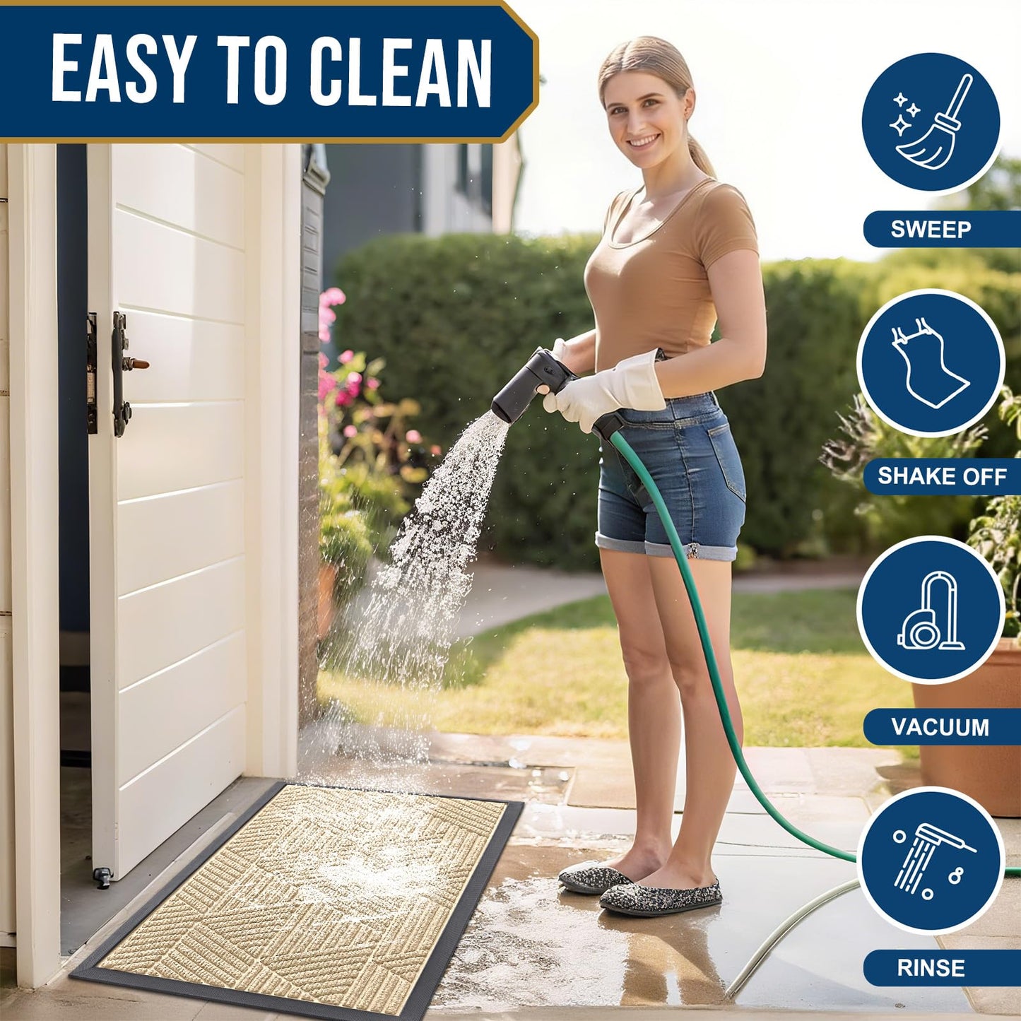 Smiry Front Door Mat Outside Entrance, Heavy Duty Sturdy Natural Rubber Doormat, Trap Dirt and Moisture, Easy Clean Low Profile Mats for Indoor Outdoor Entry, Irregular Triangle (47x32, Beige)