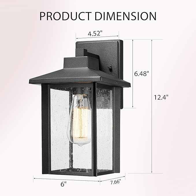 Bestshared Outdoor Wall Lights, Outside Sconce Light, Exterior Lighting Fixture, Outdoor Wall Lantern, Black Porch Lamp with Seeded Glass for Entryway, Garage (Black, 12.4" H)