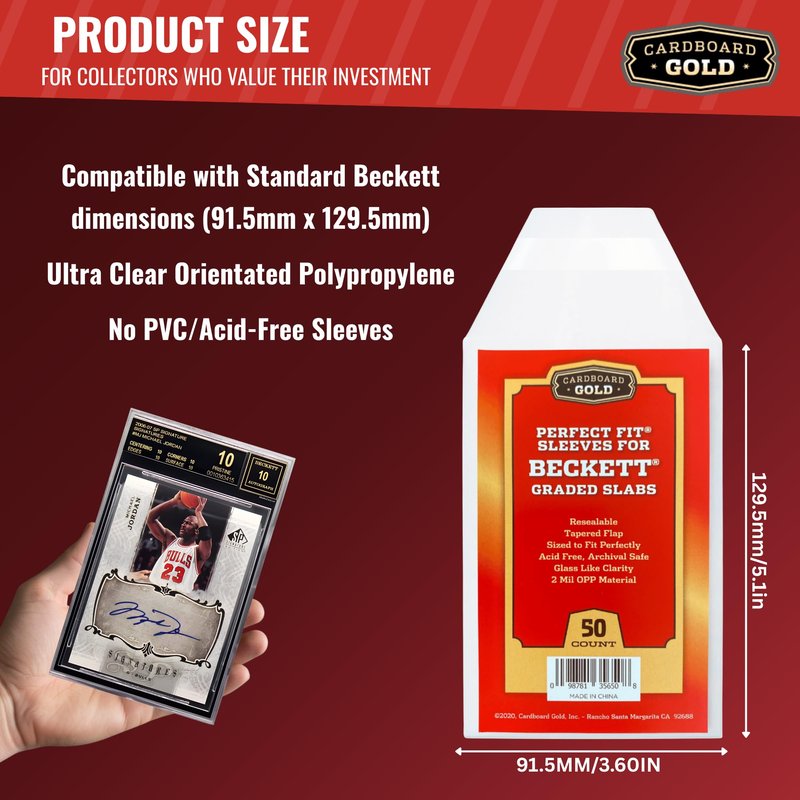 Cardboard Gold BGS Graded Card Sleeves 91.5x129.5mm - Crystal Clear 2mil OPP Slab Sleeves for Beckett Slabs - Perfect Fit Resealable Protection for Collectors - 50 Pack