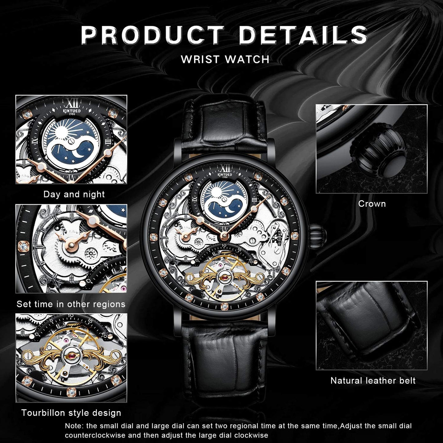 IK COLOURING Mens Luxury Skeleton Automatic Mechanical Wrist Watches Leather Moon Phrase Luminous Hands Self-Wind Watch