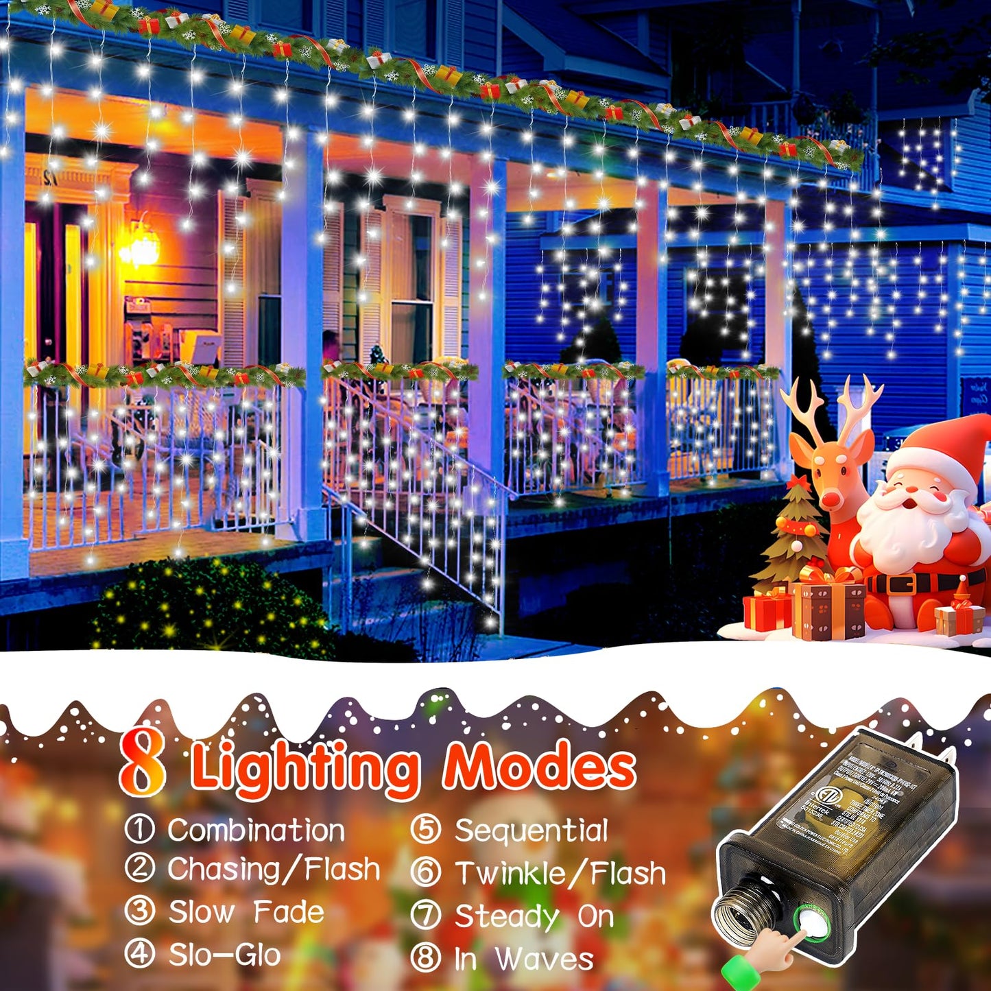 JREWDOIN 131FT Christmas Lights Outdoor 1440 LED Christmas Decorations Waterproof Plug in with 8 Modes & Timer Christmas Lights for Roof Party Garden Holiday Decor (Cool White)