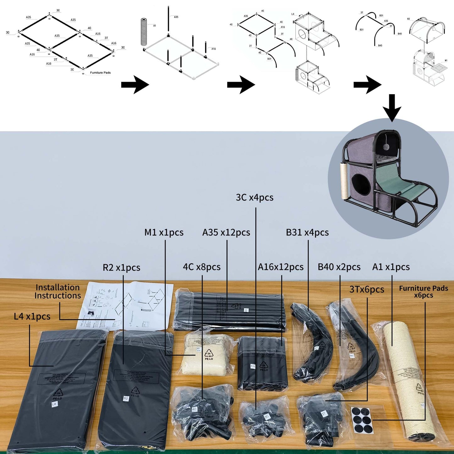 Goetland PVC Modern Cat Condo House Tree Medium Tower Bed Scratching Post Climber With Peek Hole and Dangling Ball for Kitty Indoors Dark Grey