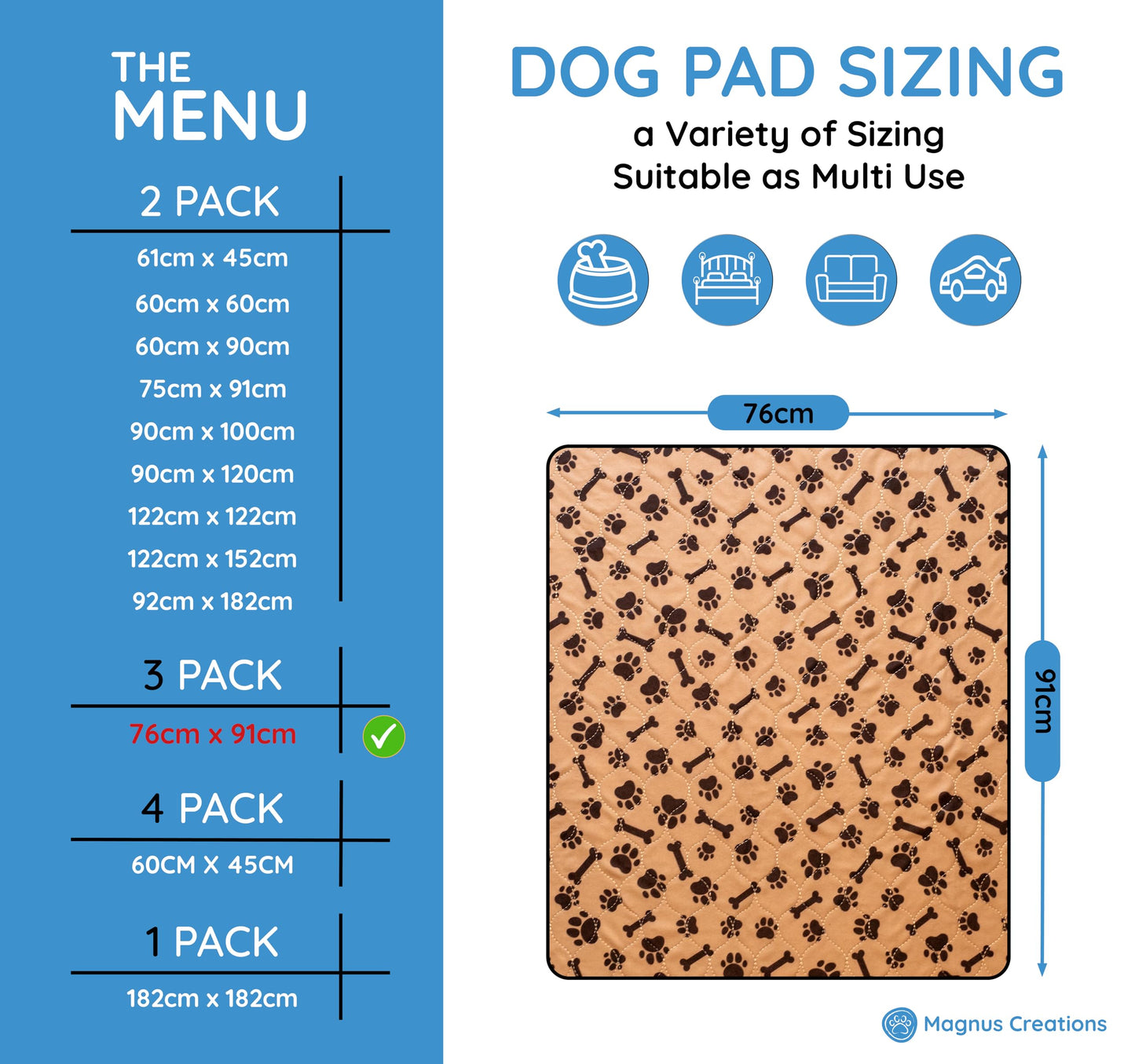 MAGNUS CREATIONS: Reusable Puppy Training Pads, (3-Pack) Washable Dog Pads, Very Absorbent Pet Mat Pee Pads for Dogs, Quick Drying Pads for Travel, Car, Home, Medium and Large Dogs (76 x 91 cm)