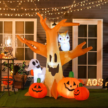 HOMCOM 7.5' Tall Lighted Halloween Inflatables Outdoor Decorations Haunted Tree with Owl, Ghost, Pumpkins, Blow Up LED Yard Decor for Garden, Lawn, Party, Holiday, Waterproof