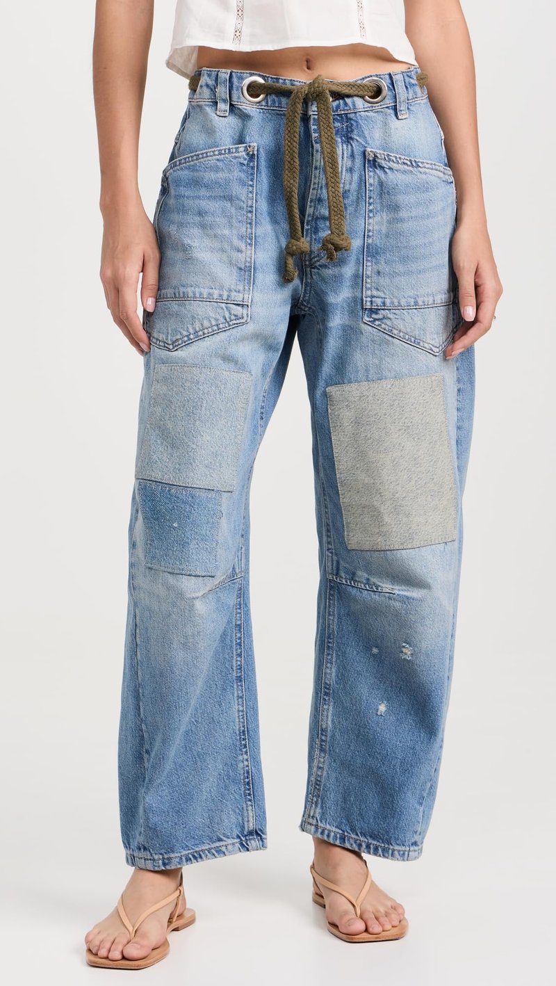 Free People Women's Moxie Pull-On Barrel Jeans, Truest Blue, 27