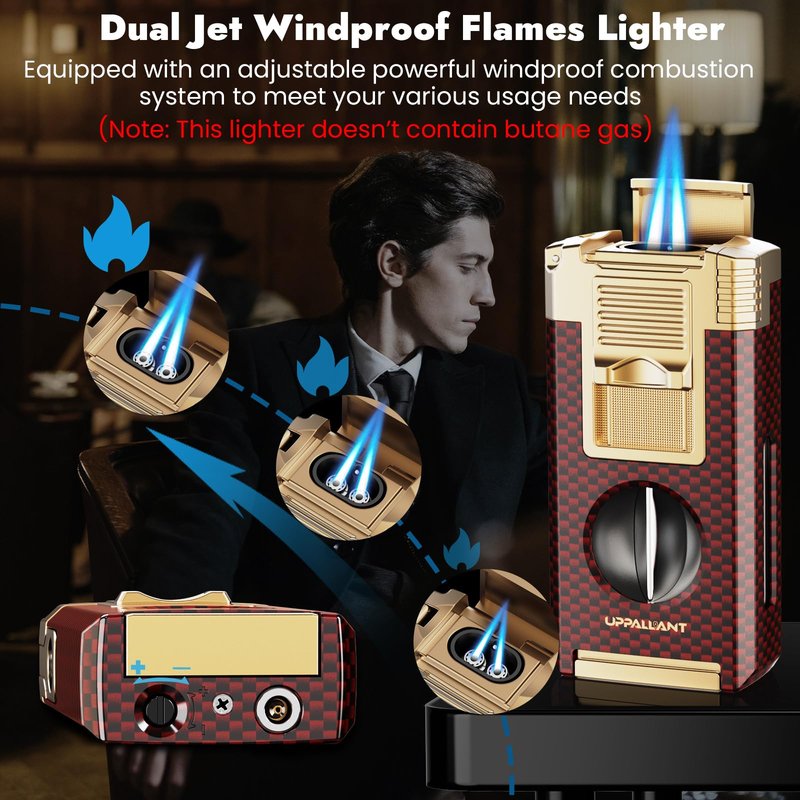 5-in-1 Torch Lighter with Cutter, Punch, Holder, Draw Enhancer Tool and Dual Jet Flames, Refillable Butane Torch Lighters Gifts for Men, Versatile Accessories, Windproof Lighters for Candle, Travel
