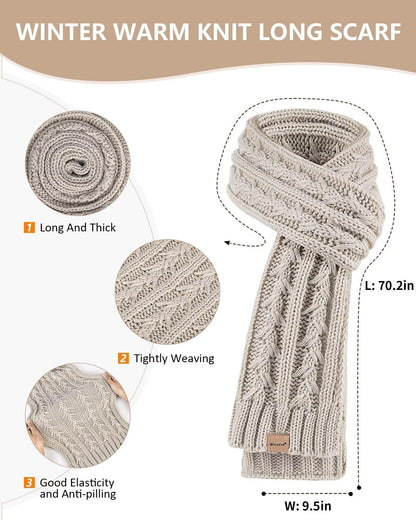 Womens Beanie Hat Scarf Gloves Set, Soft Fleece Lined Winter Hat with Pom Pom, Long Knit Scarf Neck Warmer Touchscreen Gloves for Cold Weather, 3 in 1 Warm Set Stocking Stuffers for Women(Oatmeal)
