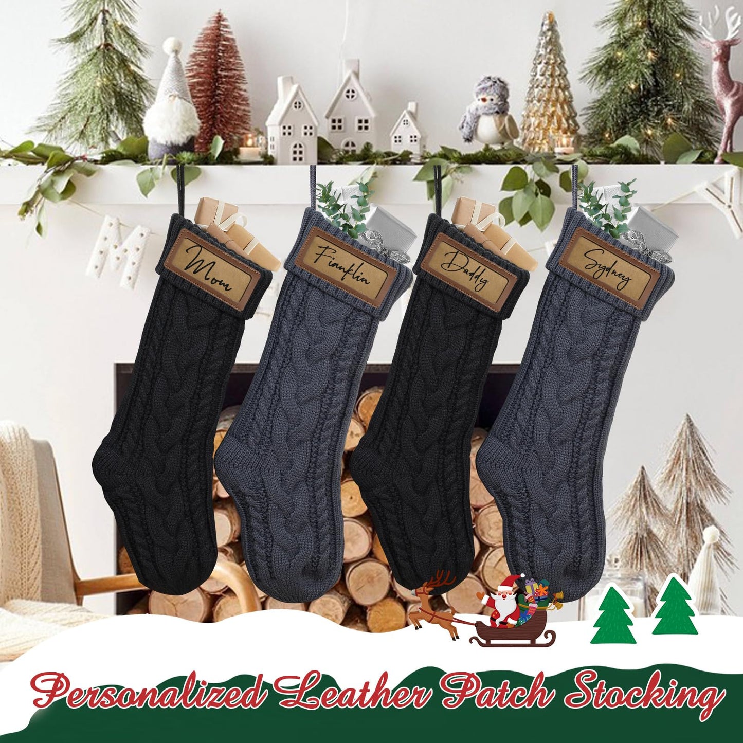steo spce 4 Pack Personalized Christmas Stocking with Leather Patches Custom Name Family Christmas Stockings, 18.5” Large Knitted Xmas Stockings for Kids, Holiday and Fireplace Party Decoration