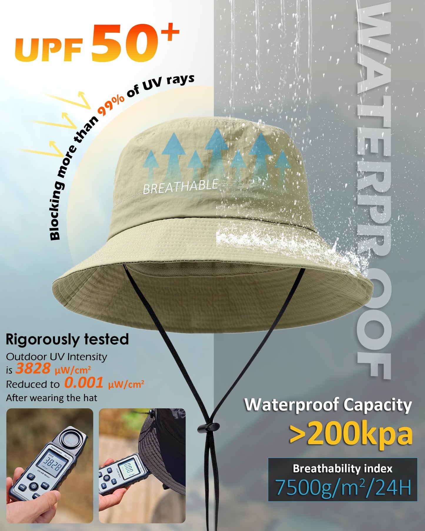Water-Resistant Bucket Hat for Women Men Rain Hat UPF 50+ Boonie Sun Hat Foldable Summer Floppy Fishing Safari Hats Light Green