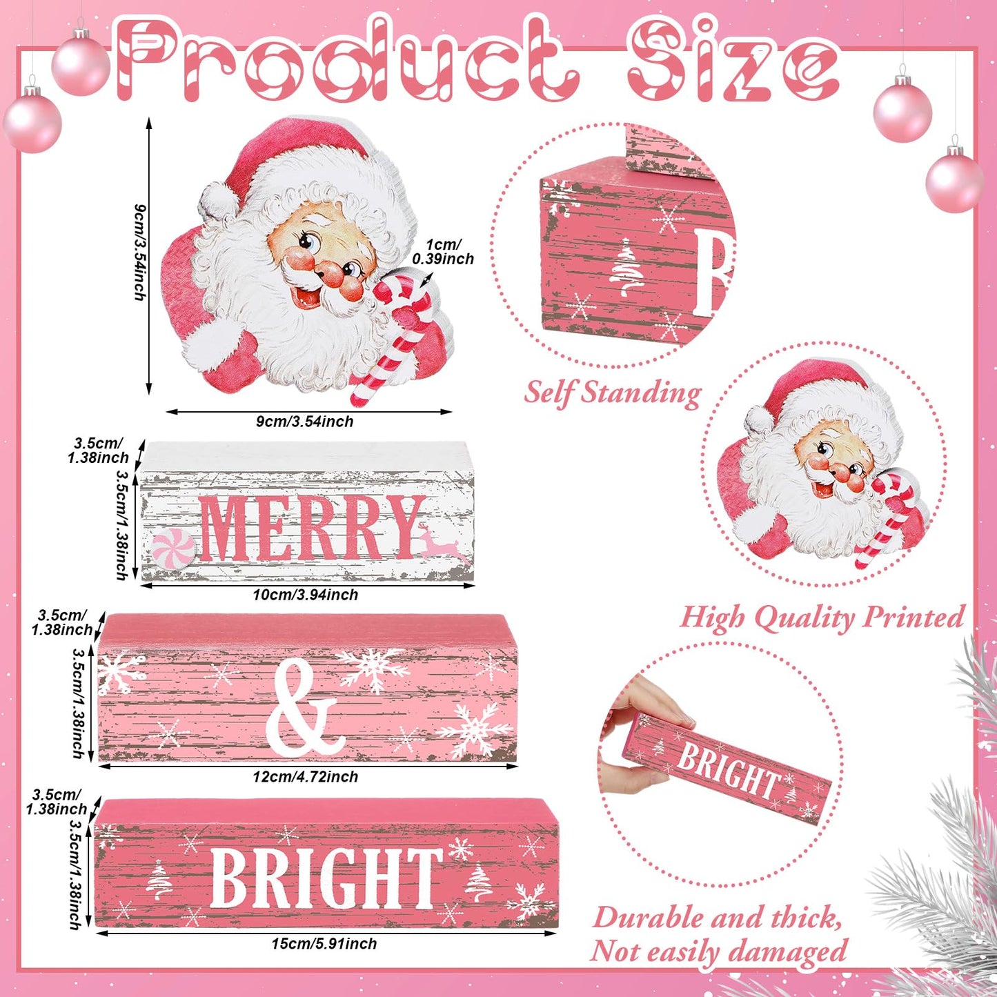 Geelin 4 Pcs Christmas Wooden Tabletop Decor Pink Winter Santa Tiered Tray Decor Christmas Centerpiece Rustic Decorative Block Signs Gift Farmhouse Table Decoration for Home Kitchen