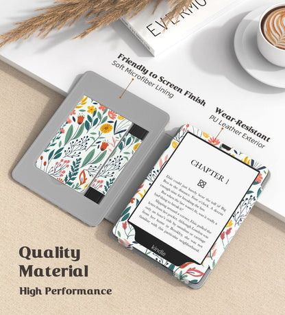 MoKo Case for 7" Kindle Paperwhite (12th/11th Gen-2024/2021) & Colorsoft Signature Edition, Slim PU Shell Cover with Auto-Wake/Sleep, Flowers