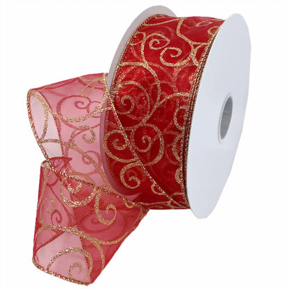Morex Ribbon 7416.60/50-934 Swirl 2.5" X 50 YD Nylon Sheer Curling Wired Glitter Ribbon, Red/Gold, Holiday Ribbons for Crafts and Christmas Decorations, Gift Wrapping