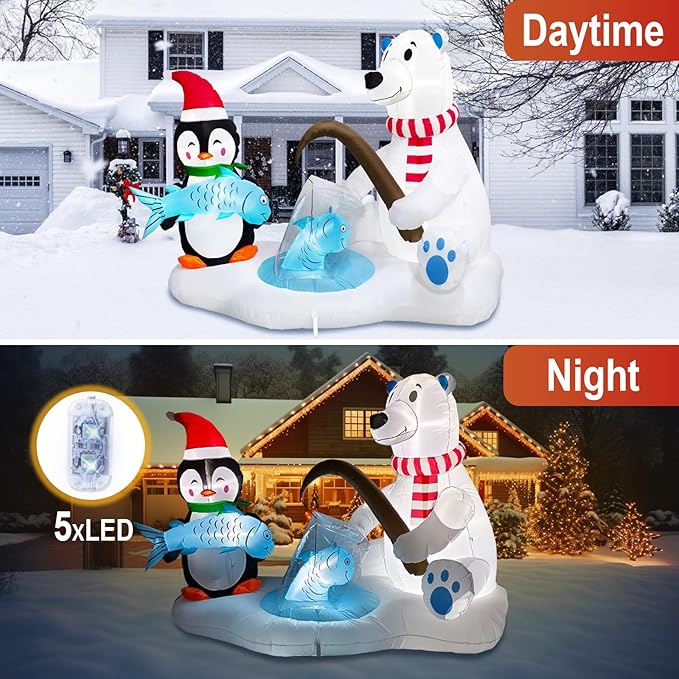 7.1FT Christmas Inflatable Polar Bear & Penguin Fishing Decoration, Christmas Blow Up Penguin Wear Scarf & Santa Hat and Polar Bear Inflatable Built-in 5 LED for Christmas Inflatables Outdoor