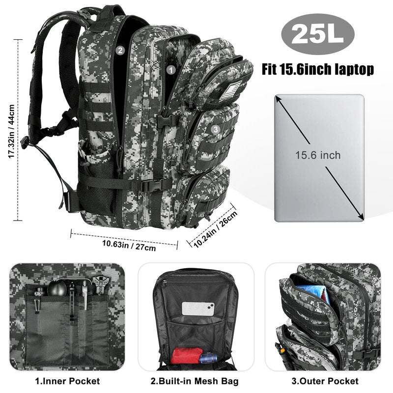 kookoomia Military Tactical Backpack 25L Day Backpack for Men Molle Army 3 Days Assault Pack Bug Out Bag Water Resistant and Heavy Duty Hiking Treeking Rucksack - Black Digital Camo