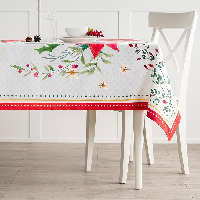 Maison d' Hermine Table Cloth Rectangle Table 100% Cotton 60 x 90 Inches Fall Tablecloth Reusable Everyday Use for Thanksgiving Christmas Decorations Dining Farmhouse Party (Poinsettia Christmas)