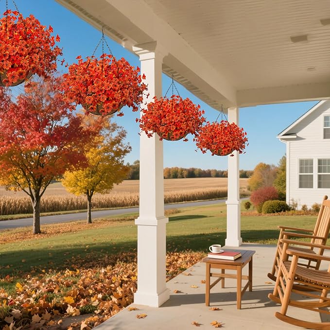 Artificial Fall Flowers with Hanging Baskets Outdoors for Decoration Faux mums for Outdoor planters Fake Mums Artificial Hanging Plants UV Resistant for Autumn Porch Home Patio Decor (Harvest Orange)