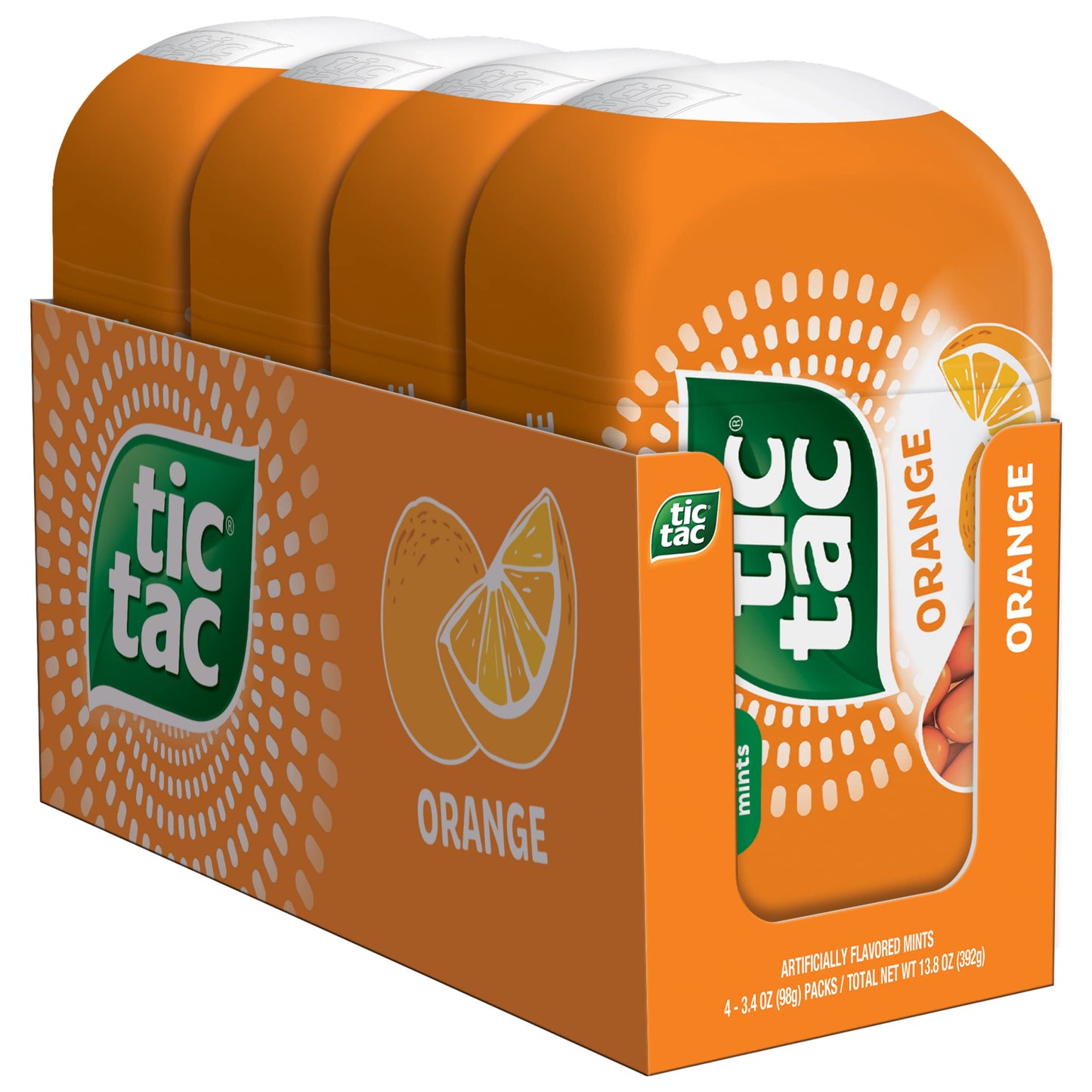 Tic Tac Orange Flavored Mints, 4 Bottle Packs, On-The-Go Refreshment, 3.4 oz Each