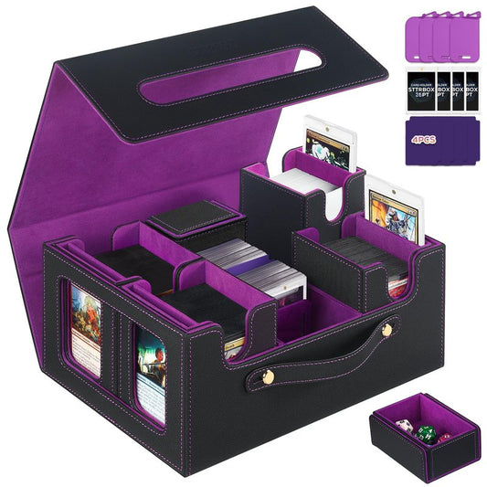 STTRBOX Trading Card Storage Box for MTG, MTG commander deck box，Multi-purpose Deck Case for MTG TCG Sports Card, 4 Toploaders, 4 Stoppers, 4 Colorful Dividers (Black & Purple)
