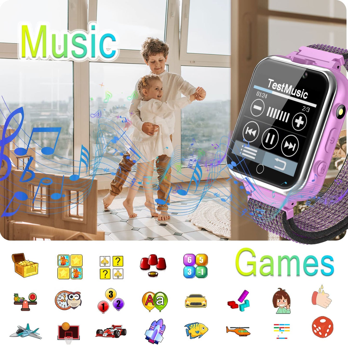 PTHTECHUS Kids Music Smartwatch with Game - Boys & Girls HD Touch Screen Smart Watch Phone with Camera Games Pedometer Sports Watches Supplies Grade Student Back to School（X32 Purple）