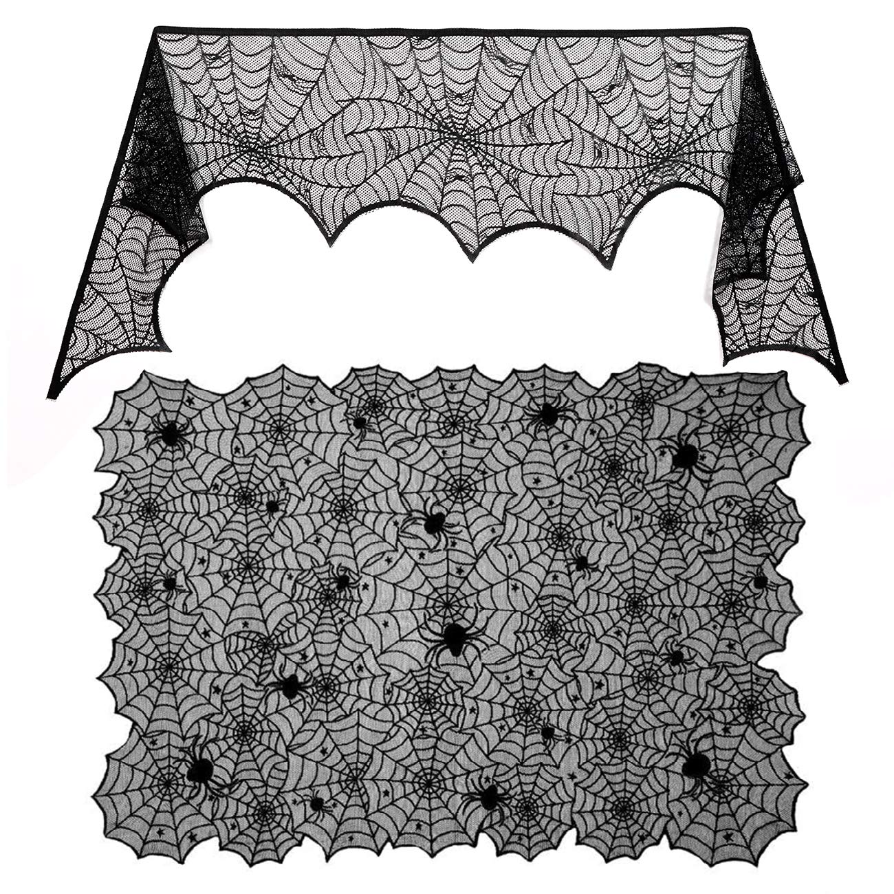 Sunnyglade Halloween 18"x96" Lace Spiderweb Fireplace Mantle Cover Fireplace Scarf & 54"x72" Rectangular Black Spider Web Lace Tablecloth, Festive Party Halloween Supplies