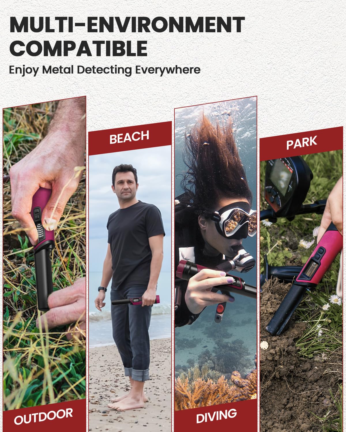 DR.ÖTEK Metal Detector Pinpointer for Adults & Kids, IP68 Fully Waterproof underwater metal detector wand Handheld Pin Pointer with LCD Screen & LED Light, 360°High Sensitivity Accuracy Detection, Red