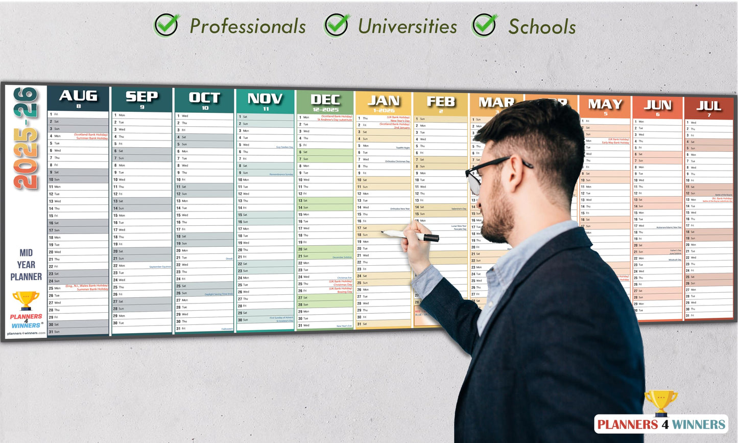 Academic Year Wall Planner 2025-2026 with Extra Wide Size (120 x 42 cm) | Mid Year 25/26 Wall-Planner Runs Aug ’25 to Jul ’26 | Excellent for office, home and school. | Non Laminated, ROLLED DELIVERY