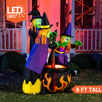 Joiedomi 6 FT Tall Halloween Inflatables Three Witch Around Cauldron with Flame Light Yard Outdoor Decoration Blow Up with Build-in LEDs for Halloween Party Indoor, Outdoor Inflatables Decorations