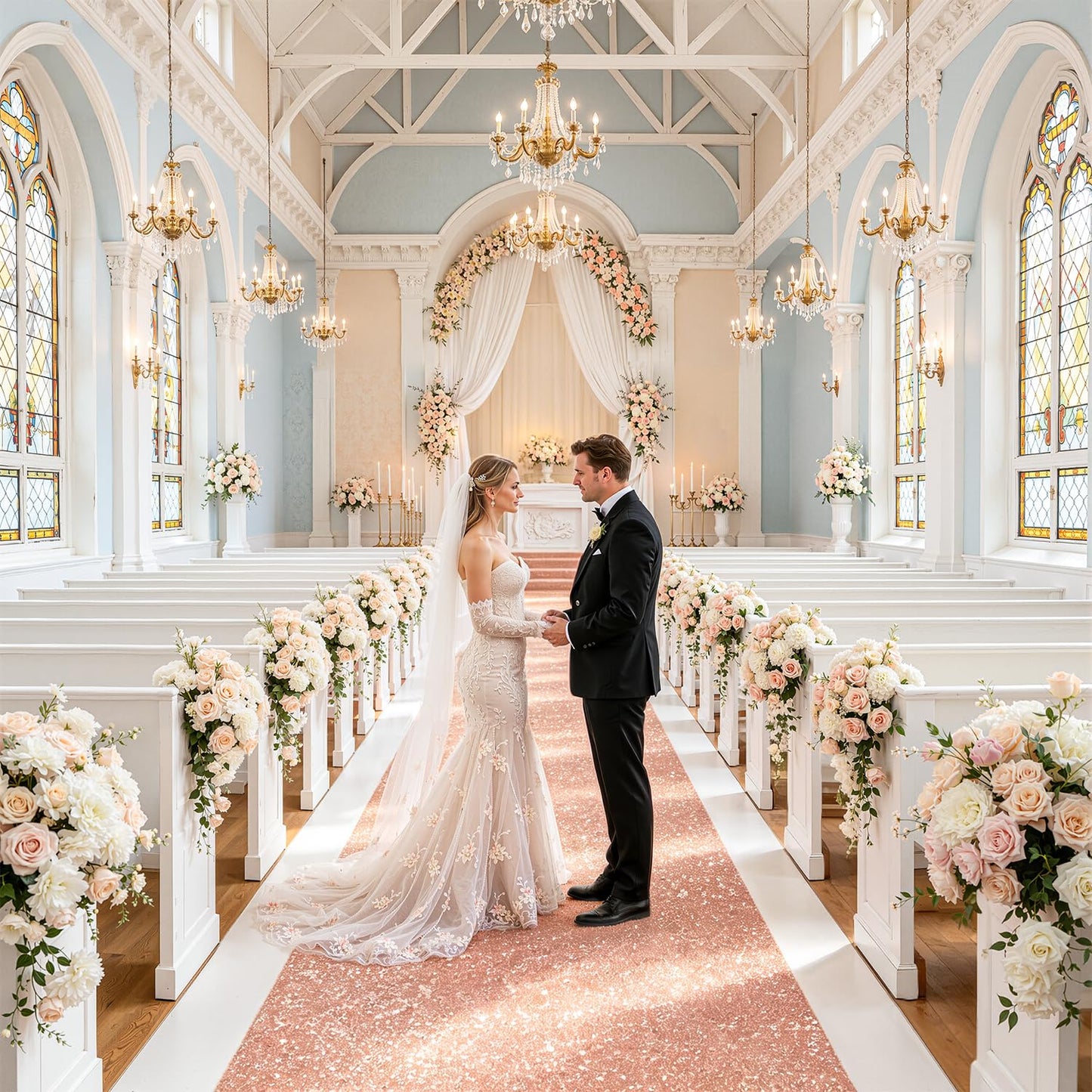 PATYDEST Rose Gold Carpet Runner Sequin Aisle Runner for Wedding Ceremony 4FTx15FT Glitter Wedding Runner Aisle Outdoor Aisle Runners for Bithday Banquet Parties Prom Decorations