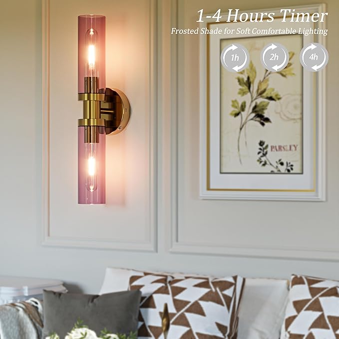 Rechargeable Battery Wall Sconce Set of Two, 8000mAh Cordless, Dimmable, Timer, Remote, Touch Control, USB-C Charging for Living Room, Bedroom Gold with Wine Red Lampshade (Include 4 Special Bulbs)