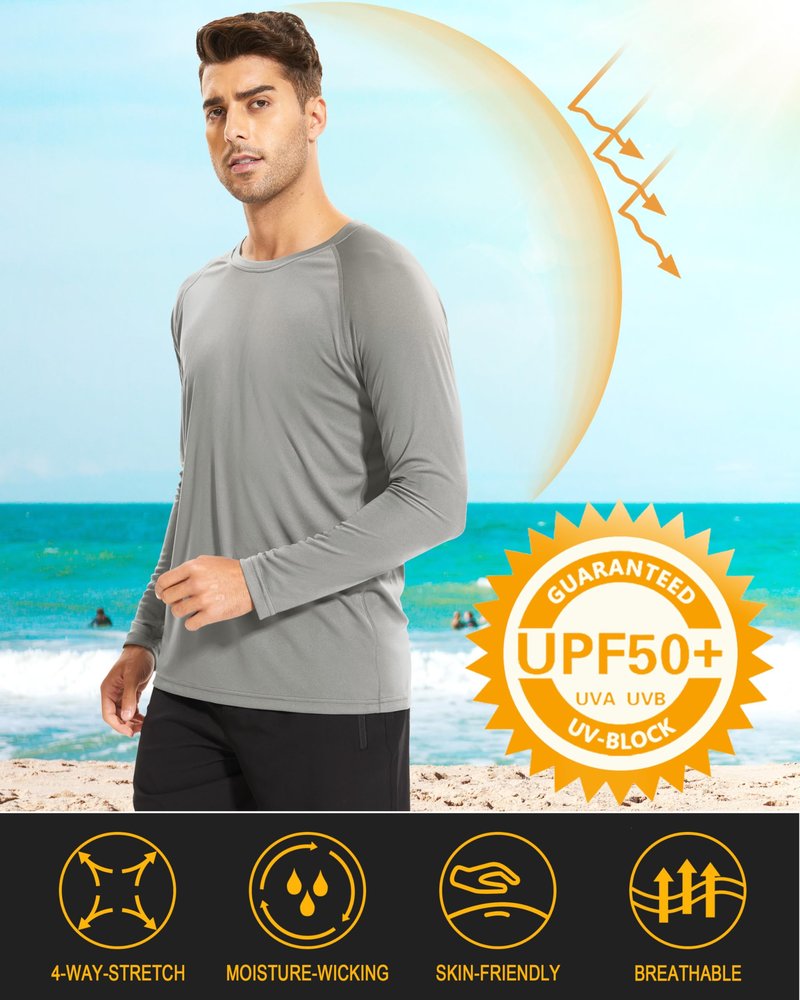 Rashguard for Men Long Sleeve Shirts UV Shirts Sun Shirts Running Shirts Workout Shirts Fishing Shirts Hiking Shirts UPF 50 Shirts Grey