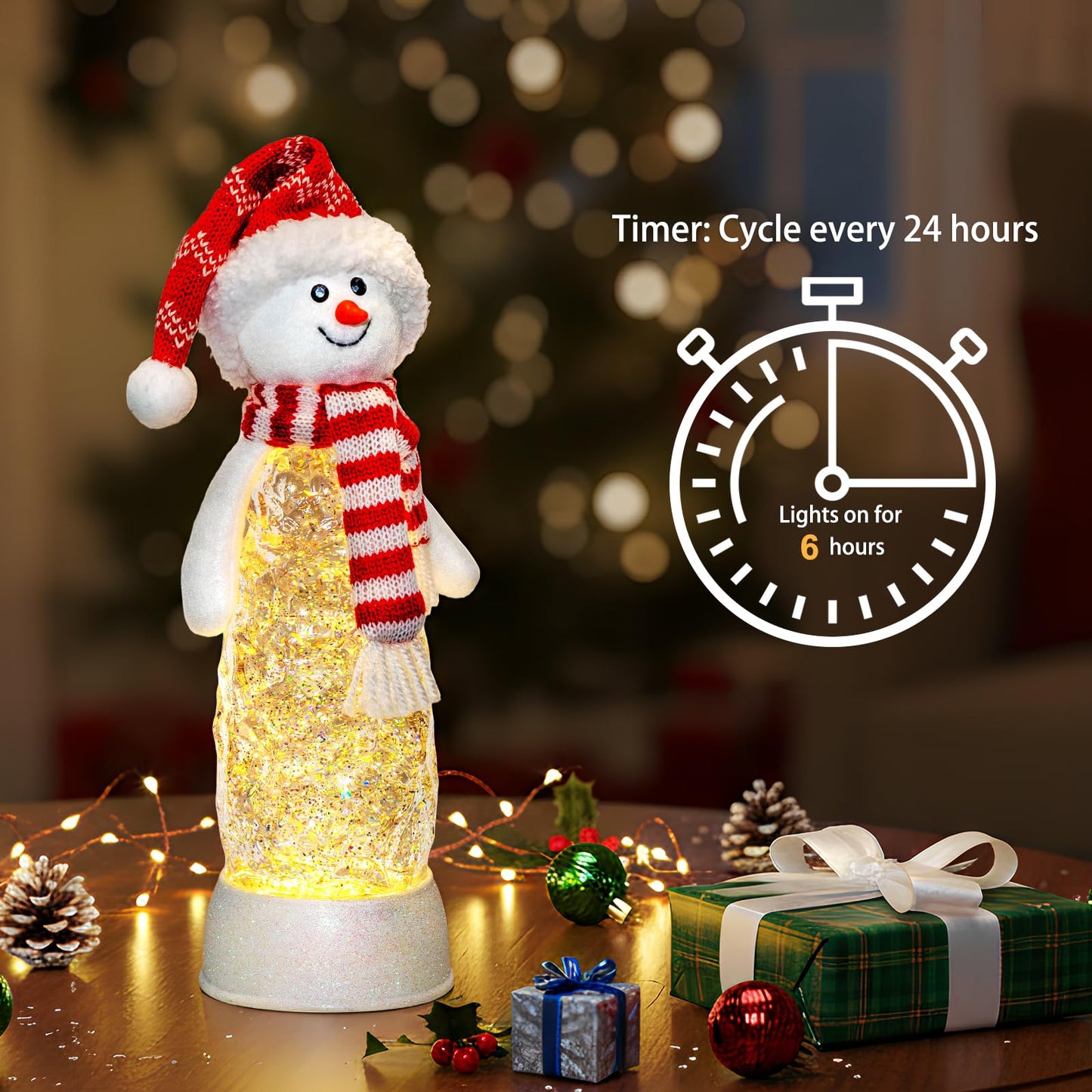 Christmas Snowman Snow Globes Lantern Musical Lighted Water Lantern Snow Globe Swirling Glitter Snowglobes with 6H Timer USB Operated Snowglobe Christmas Decoration for Home & Gift- Red Hat