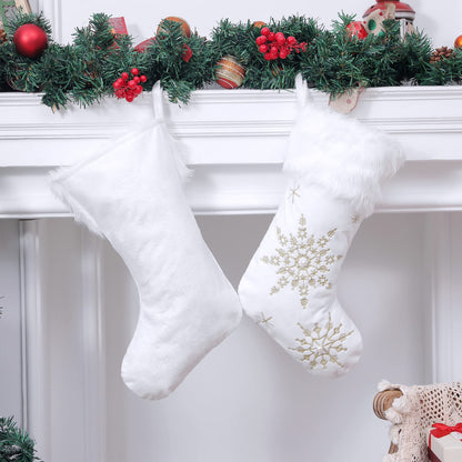 Mencly White Christmas Stockings, Set of 2 White Stockings for Christmas, 18” Large Christmas Stockings with Plush Faux Fur Cuff, Family Xmas Hanging Stockings Decorations (Silver & Gold Snowflake)