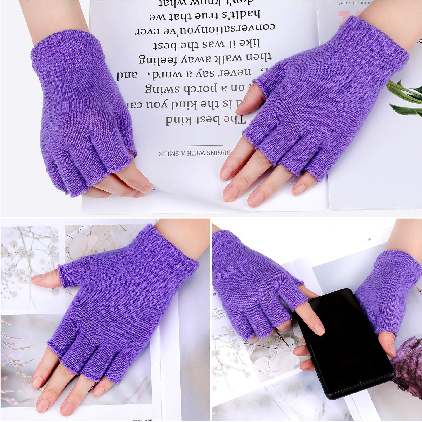 Bememo 4 Pairs Fingerless Gloves Half Finger Mittens Winter Solid Color Knitted Typing Gloves for Boys and Girls (Pink, Red, Green, Light Purple)