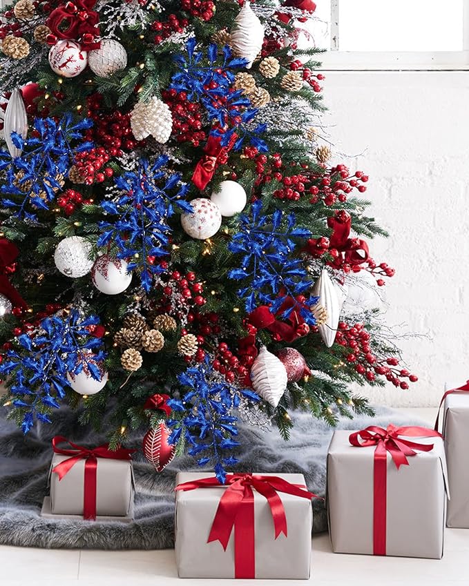 DILATATA 6Pcs Christmas Glitter Leaves Holly Leaves 23" Artificial Royal Blue Holly Leaf Picks Sprays Giltter Stems for Christmas Tree DIY Xmas Wreath Garland Home Decor - Royal Blue