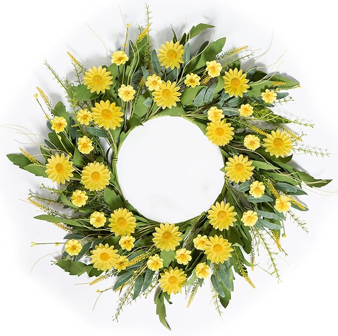 Front Door Wreath for Spring Summer 22"-24" Yellow Daisy Wreath with Artificial Greenery and Wildflowers - Farmhouse Floral Wreaths for Wall Porch Home Indoor Outdoor Décor