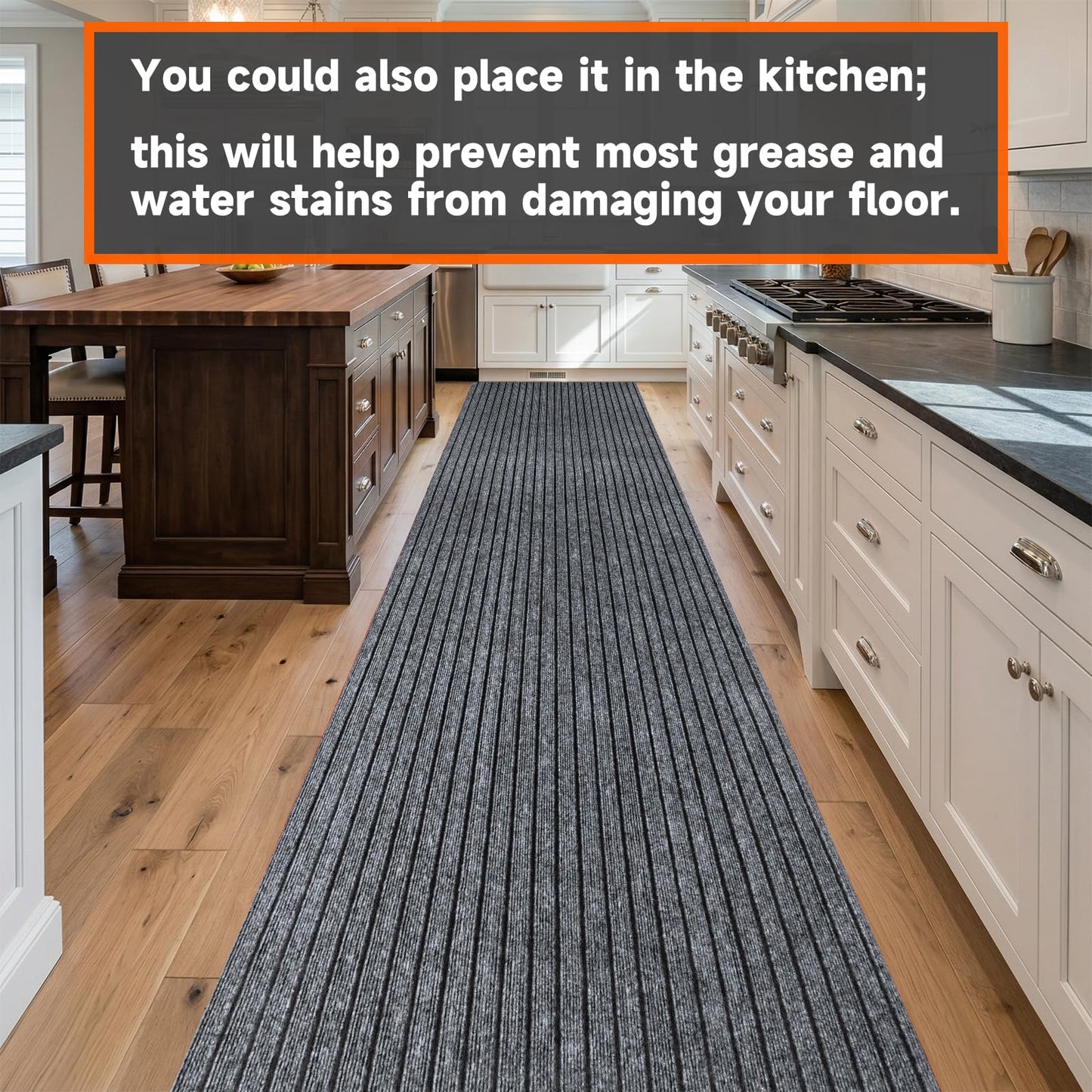 Indoor Outdoor Runner Rug 3 x 10 ft, Gray Non Slip Rubber Backed Floor Runner, Low Profile Area Carpet for Hallway, Kitchen, Entryway, Balcony, Garage, Stairs & Laundry, Stripe