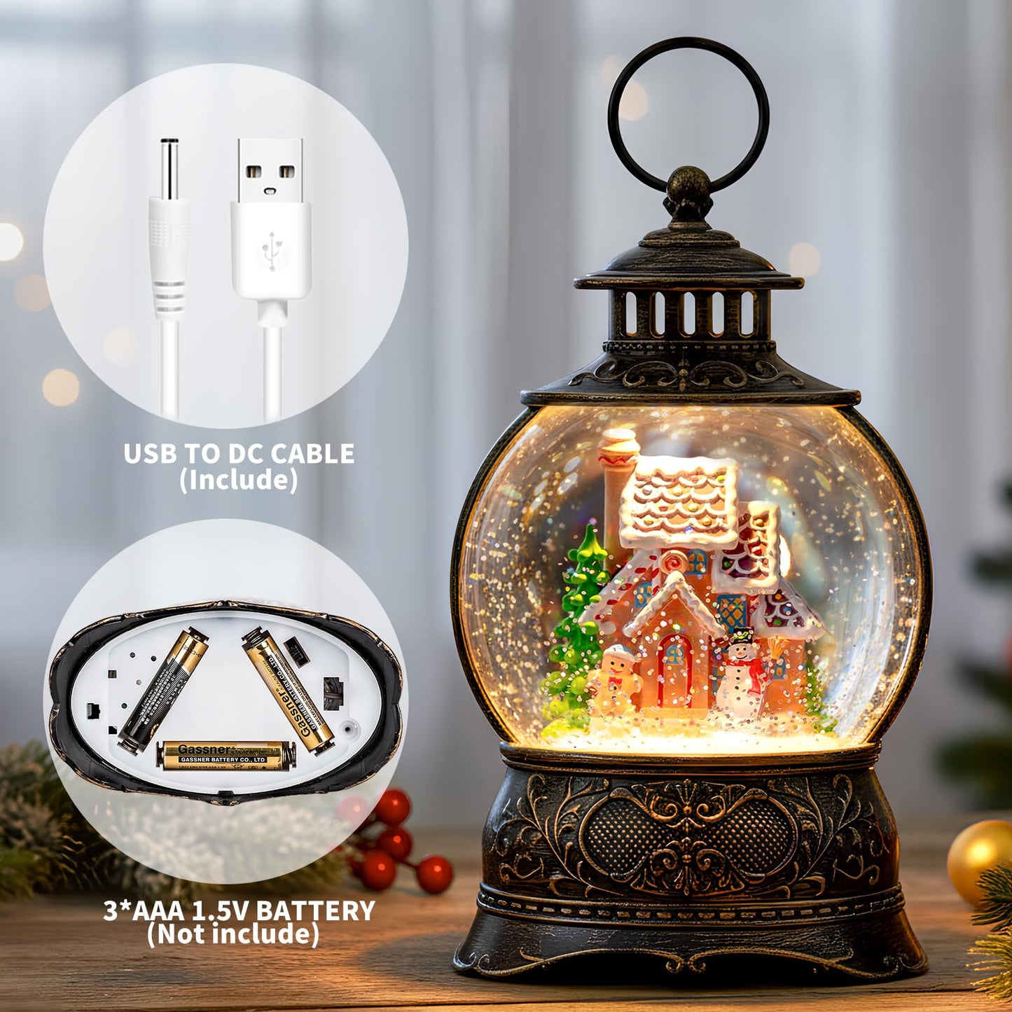 Christmas Snow Globe Lighted Gingerbread House Scene, Musical Snow Water Lantern Swirling Glittering Home Decoration and Gift, Battery Operated or USB Powered