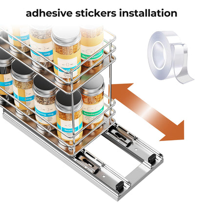 Pull Out Spice Rack Organizer for Cabinet, Slide Out Spice Racks, Easy to Install, 2.1''Wx10.35''Dx8.26''H, 3 Drawers 2 Tiers(Black)