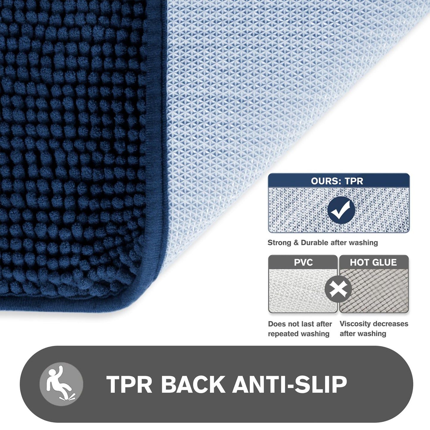 PureSwan Navy Blue Bathroom Rugs – Absorbent and Washable Bath Mat, Non-Slip, Thick Soft Chenille Bath Rugs for Bathroom Floor, Shower, Sink - 17" x 24"