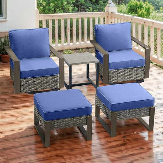 Rilyson Outdoor Wicker Patio Furniture Set - 5 Piece Patio Conversation Set with 2 Wicker Swivel Rocker Chairs,2 Ottoman, 1 Side Table, Thick Cushions, Deep Seating, Wide Armrest(Mixed Grey/Blue)