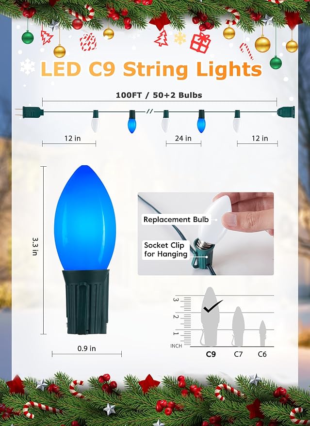 Vintage C9 LED Christmas Lights Outdoor, 100 Feet C9 String Lights with 50 Shatterproof C9 Bulbs, Waterproof Connectable Christmas Tree Lights for Outside Roofline Patio Xmas Decor, Blue & Pure White