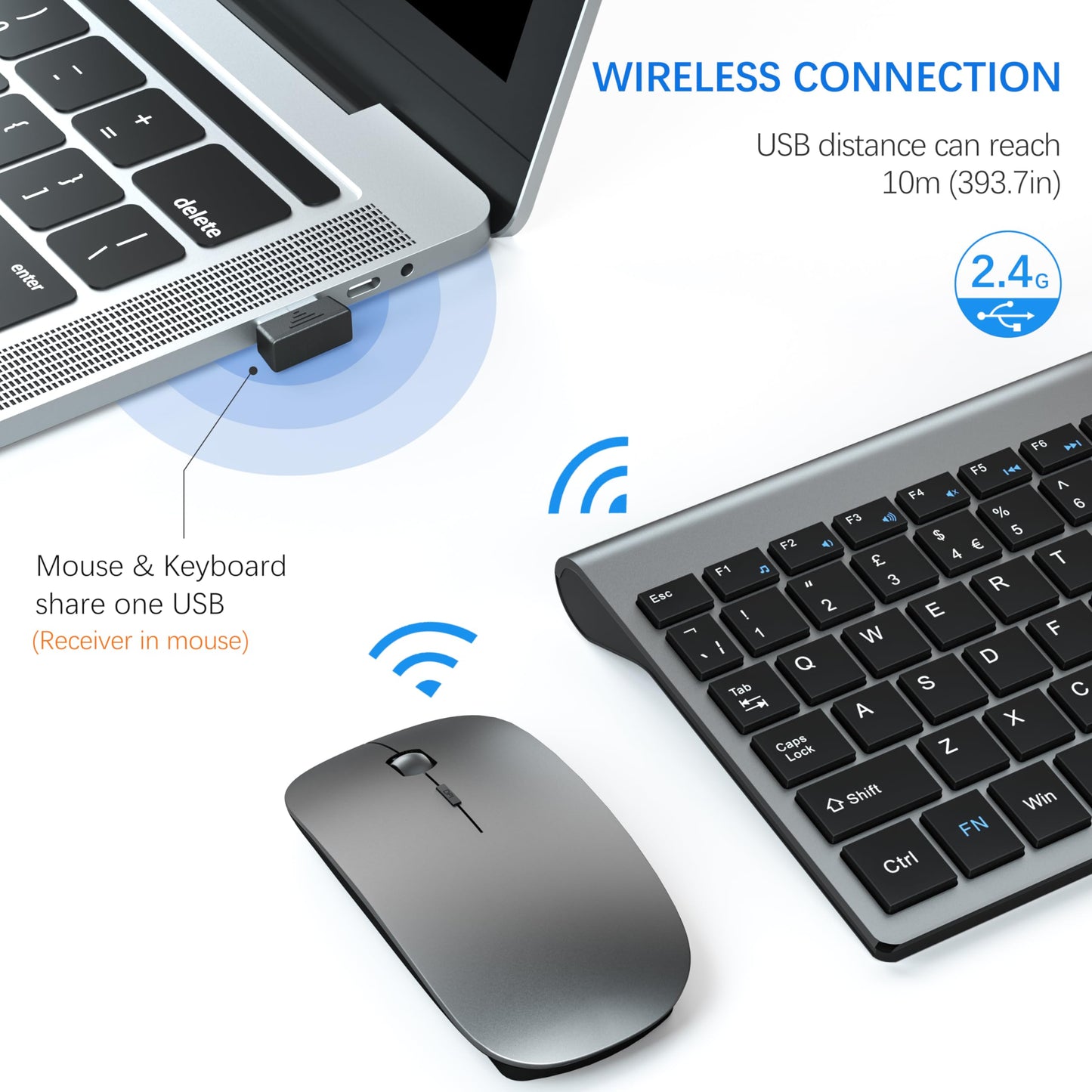 Wireless Keyboard and Mouse Ultra Slim Combo, TopMate 2.4G Silent Compact USB 2400DPI Mouse and Scissor Switch Keyboard Set with Cover, 2 AA and 2 AAA Batteries, for PC/Laptop/Windows/Mac - Gray Black