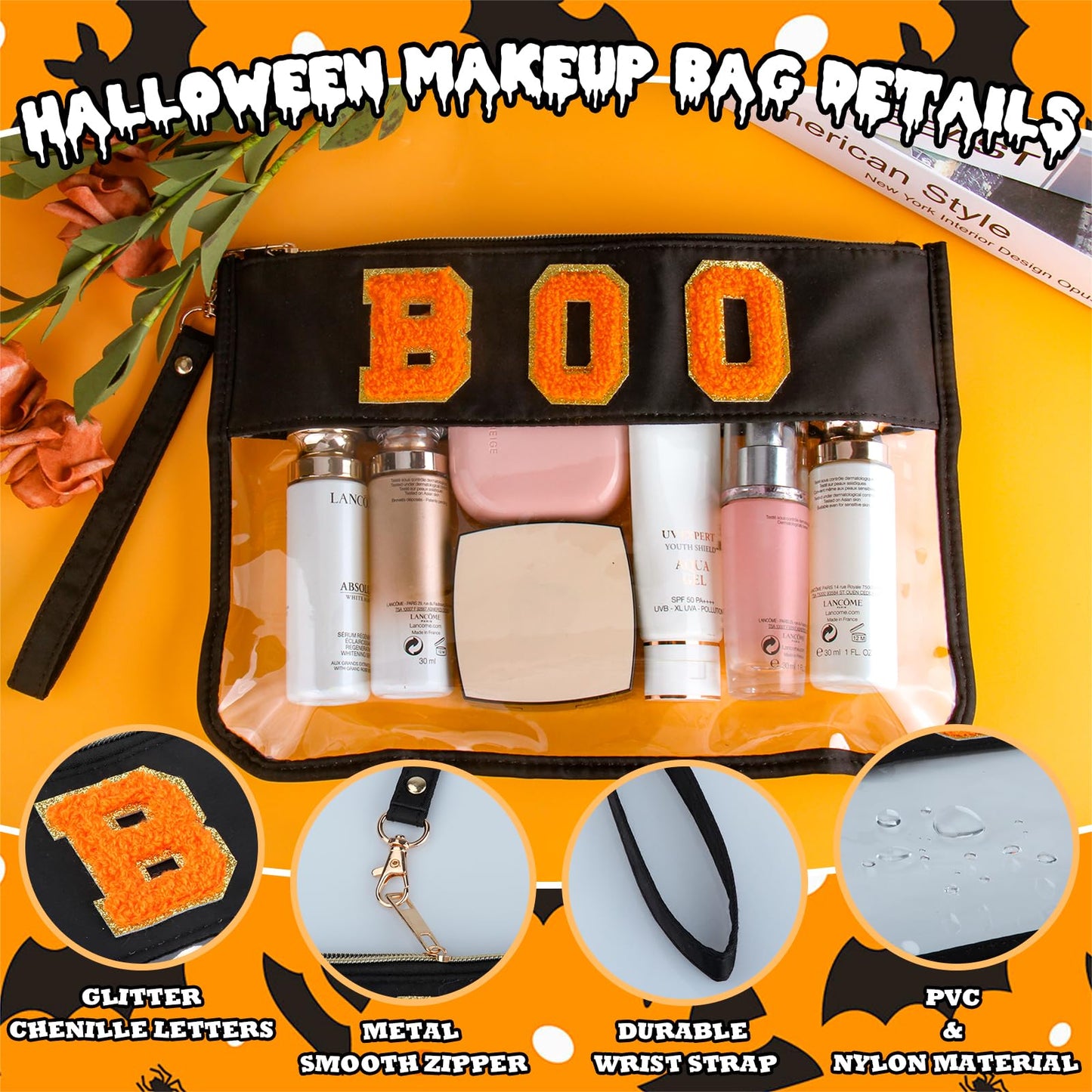 BuyCard 2 Pcs Halloween Gifts Cosmetic Makeup Bag with Boo Chenille Letter Patch, Clear Pouch PVC Organizer Purse, Waterproof Travel Bag, Portable Toiletry Storage Bag for Her Girls Friends Women