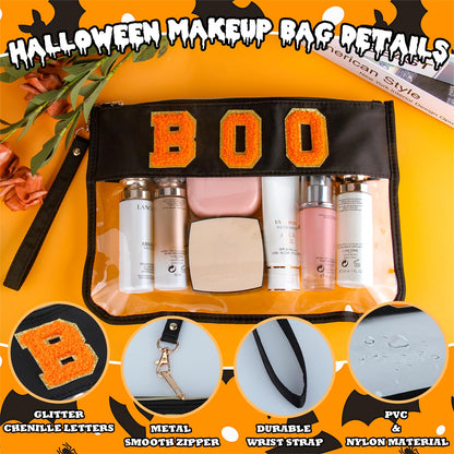 BuyCard 2 Pcs Halloween Gifts Cosmetic Makeup Bag with Boo Chenille Letter Patch, Clear Pouch PVC Organizer Purse, Waterproof Travel Bag, Portable Toiletry Storage Bag for Her Girls Friends Women