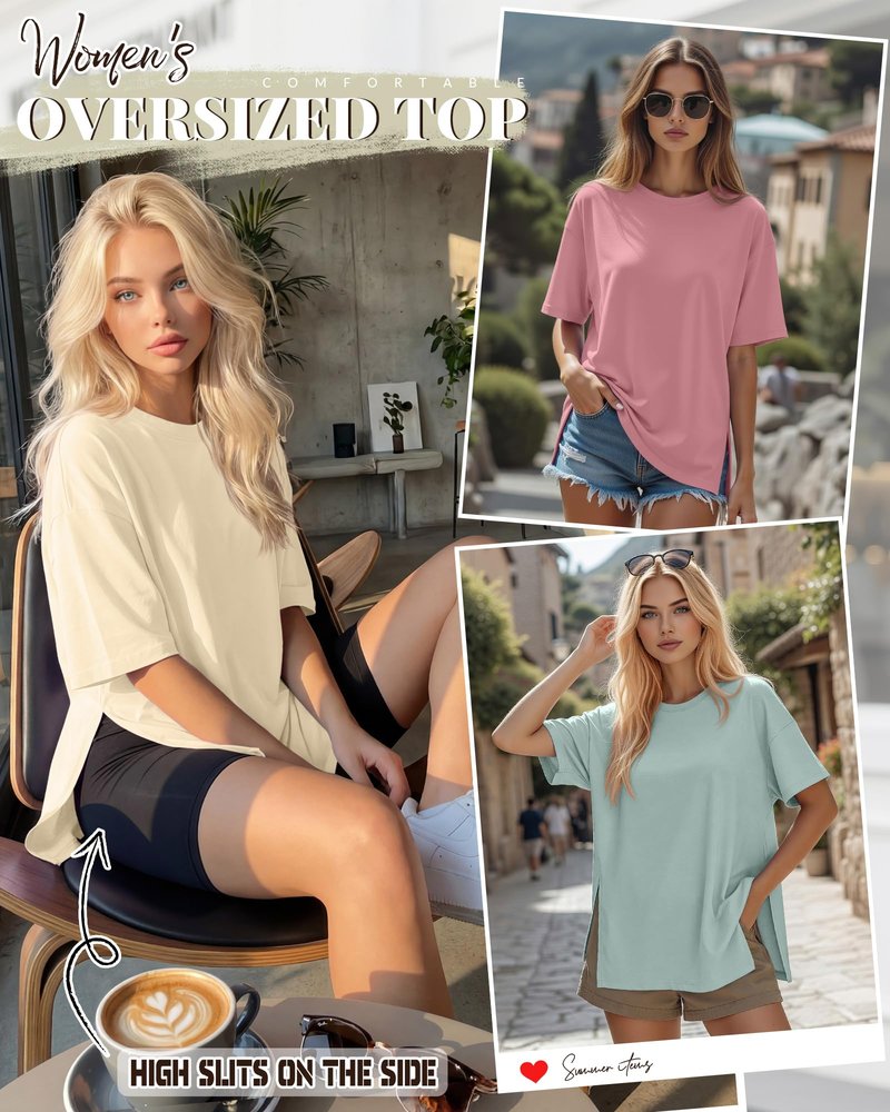 Huukeay 3 Pack Women's Oversized Gym T Shirts Short Sleeve Side Split Crewneck Tops Casual Summer Workout Baggy Basic Tee