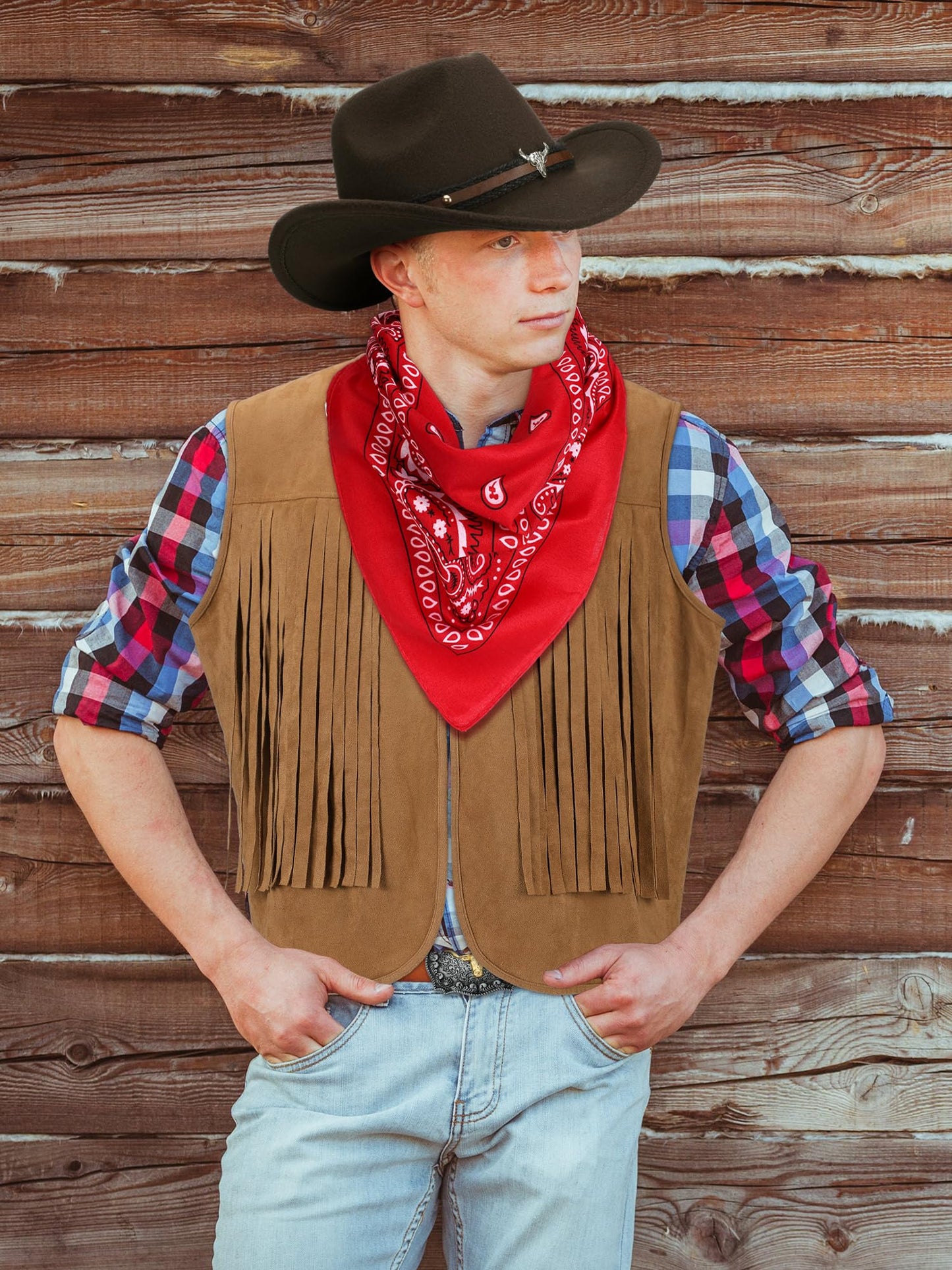 Toulite 4 Pcs Western Outfits for Men Cowboy Tassel Vest Hat Belt Buckle Paisley Bandana for Halloween Cosplay (Brown, Coffee, Red,X-Large)