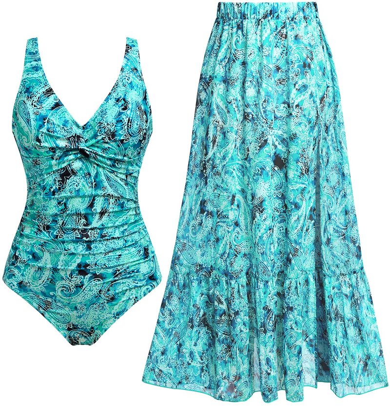 Holipick Green Paisley Women's One Piece Swimsuits with Cover Up Skirt Tummy Control V Neck Two Piece Bathing Suit M