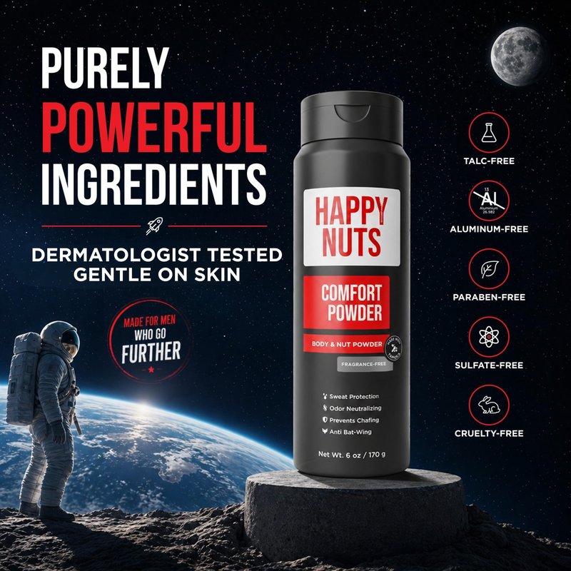 HAPPY NUTS Comfort Powder Deodorant For Men: Anti-Chafing, Sweat and Odor Control for Jock Itch, Aluminum-Free, 6 oz (1 Pack), Fragrance-Free